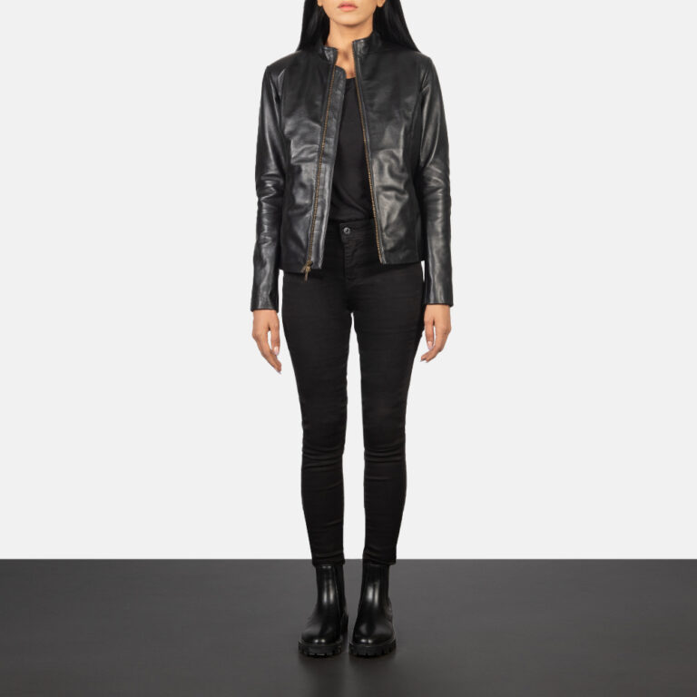 Womens Rumella Black Leather Biker Jacket Full Length-2-1652188478807
